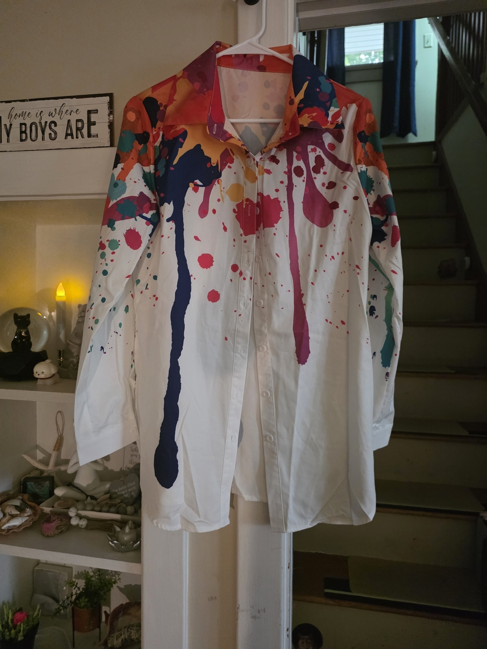 SHEIN White Button-Down Shirt with Multicolor Paint Splatter